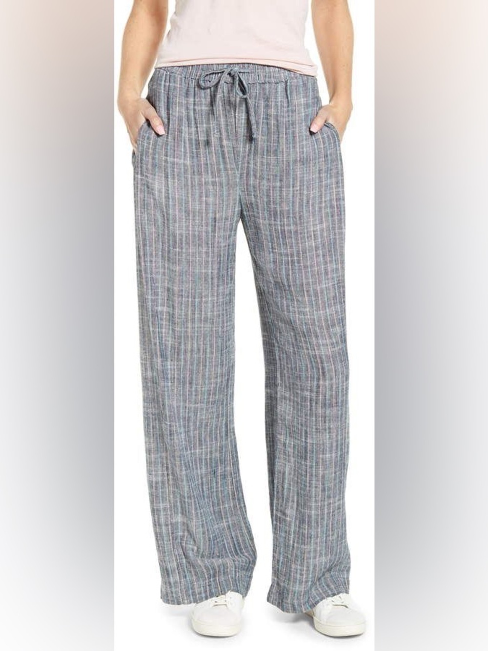 Splendid Blue Gray Plaid Wide-Leg Drawstring Pants
